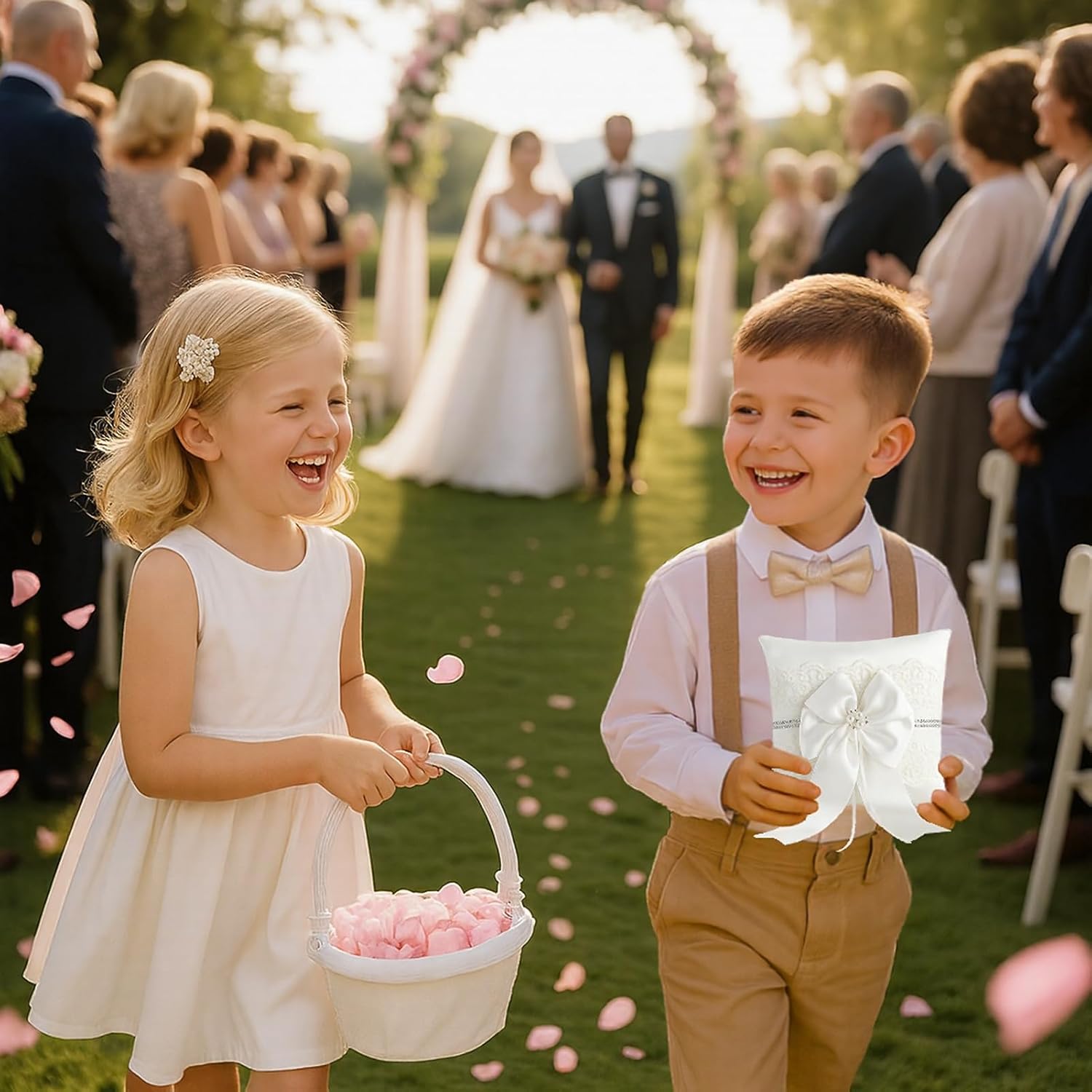 Wedding Ring Bearer Pillow: 8.2 x 8.2 Inch Ring Cushion with Lace & Pearl Bow – Ceremony Ring Holder for Flower Boy
