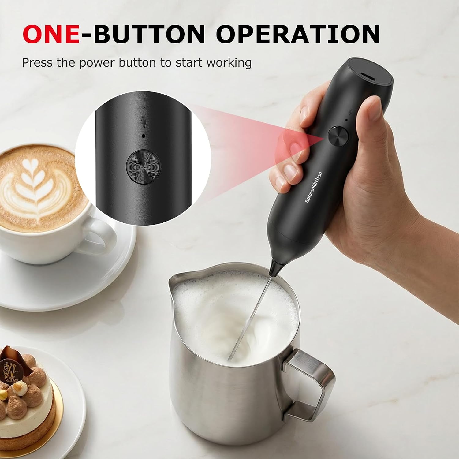 Rechargeable Milk Frother Handheld, Charging USB-C | Electric Foam Maker with Stainless Steel Whisk, Portable Hand