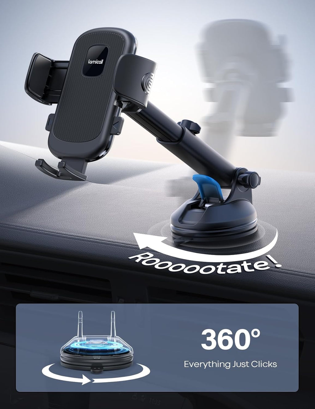 Car Phone Holder - [Strongest Military-Grade Suction Cup] 360° Rotation Phone Holders for Your Car Quick Release