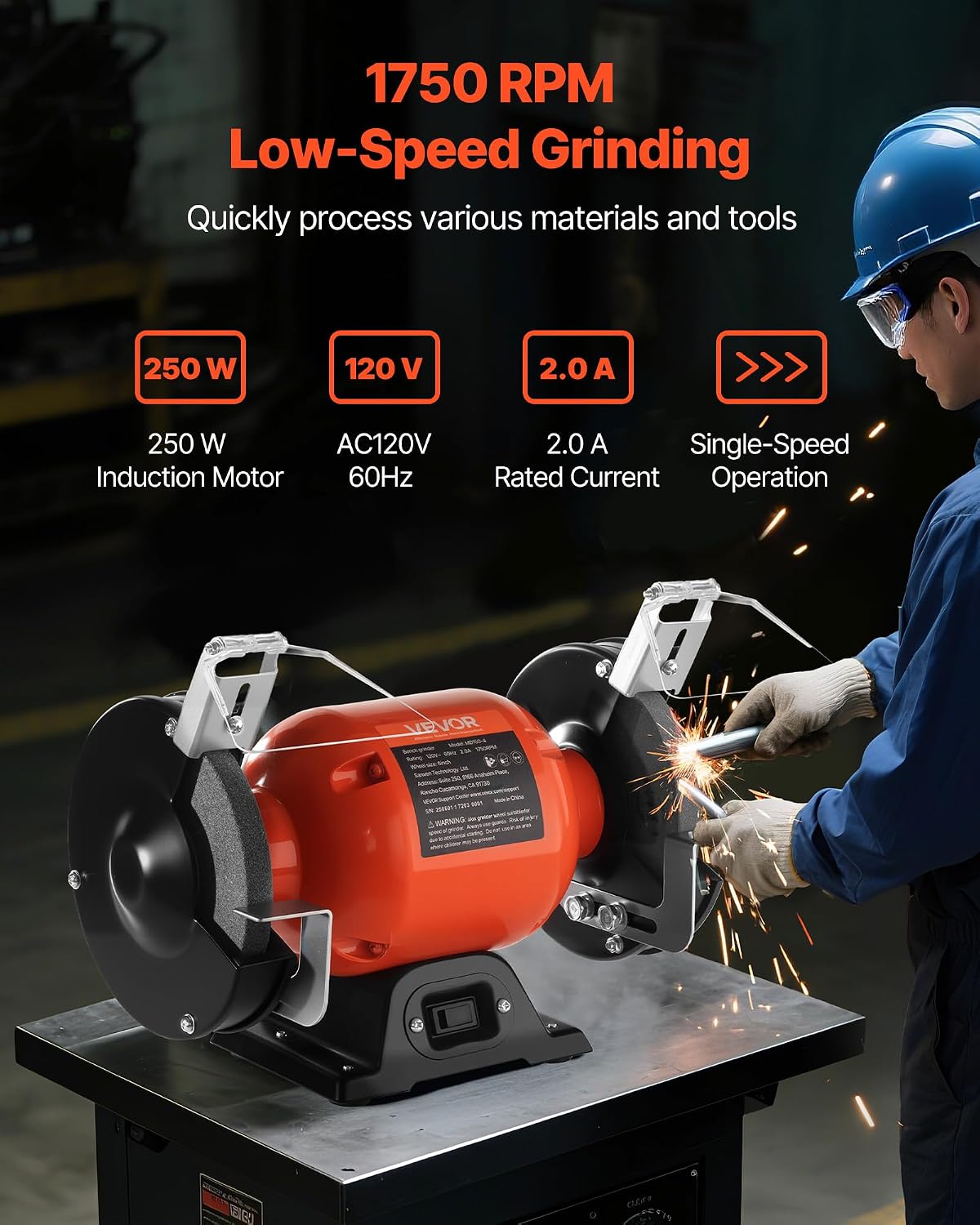 Bench Grinder, 6-inch Single Speed Bench Grinder, 1750RPM Low-Speed Table Grinders with 250W 2A Induction Motor
