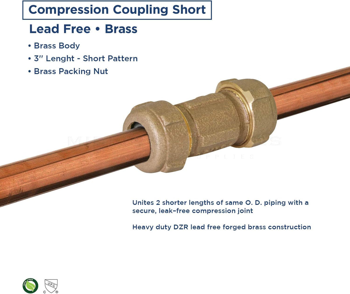 Midline Valve RSC2322 Compression Coupling, Packing Nut, Brass 1 in. Nominal Fitting, 3 in. Length