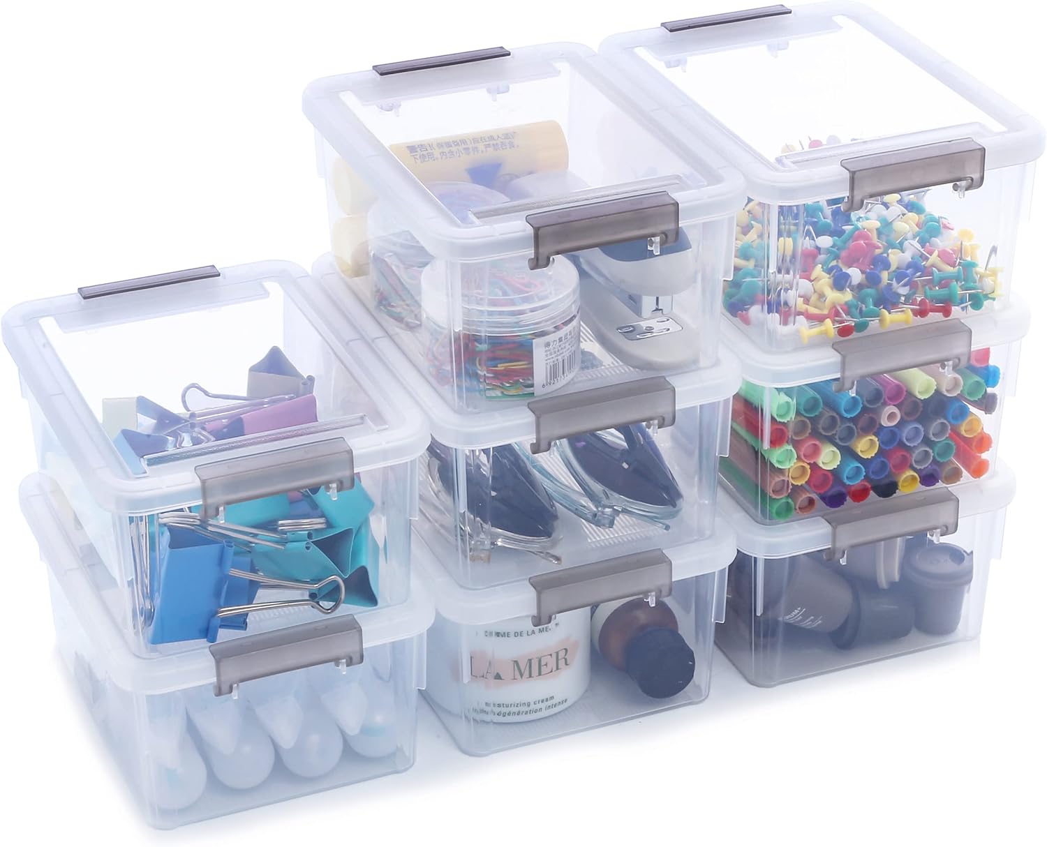 Small Storage Bins with Lids 1.3 QT Plastic Storage Container Stackable Box with Lids for Organizing, Clear White（8