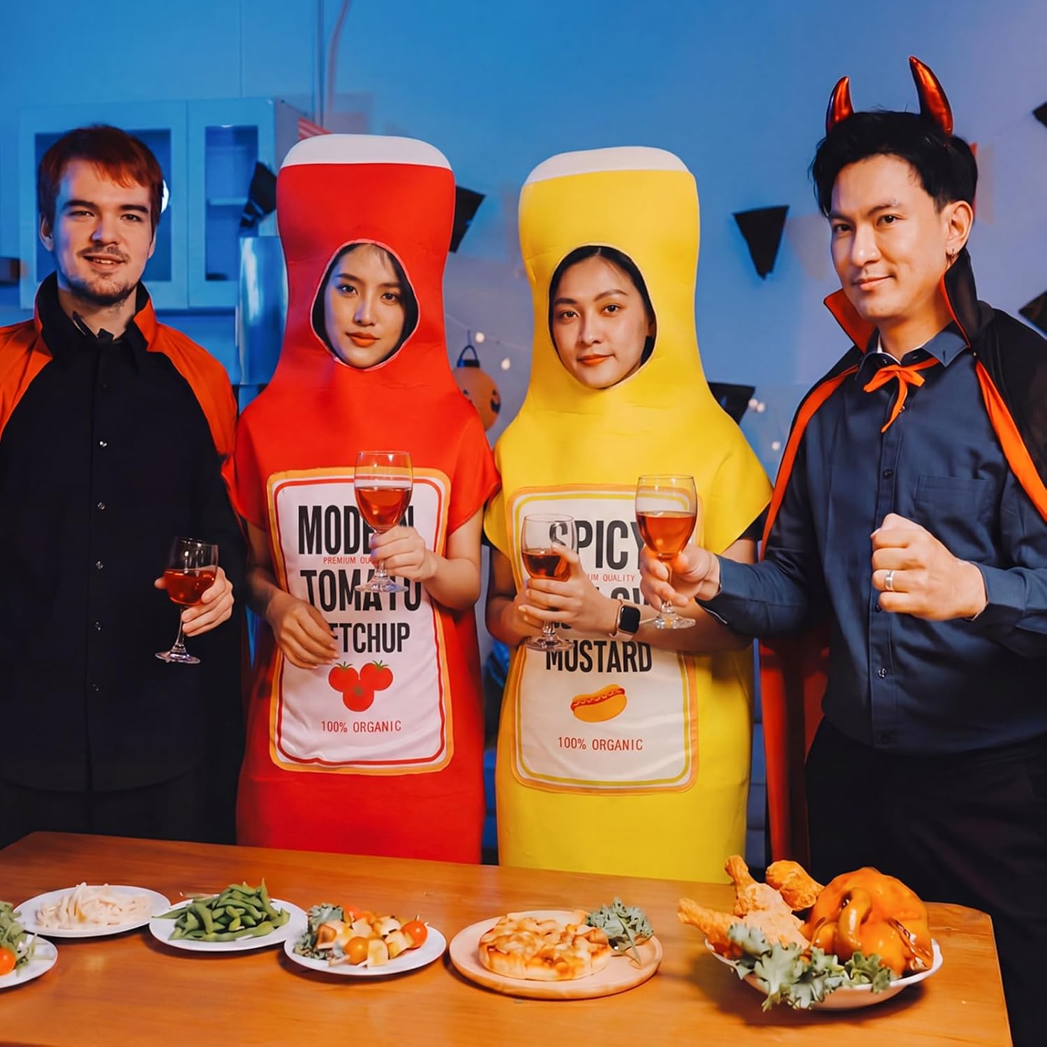 Halloween Couples Group Costume Adults Ketchup Mustard Costumes Condiment Outfits for Cosplay Party