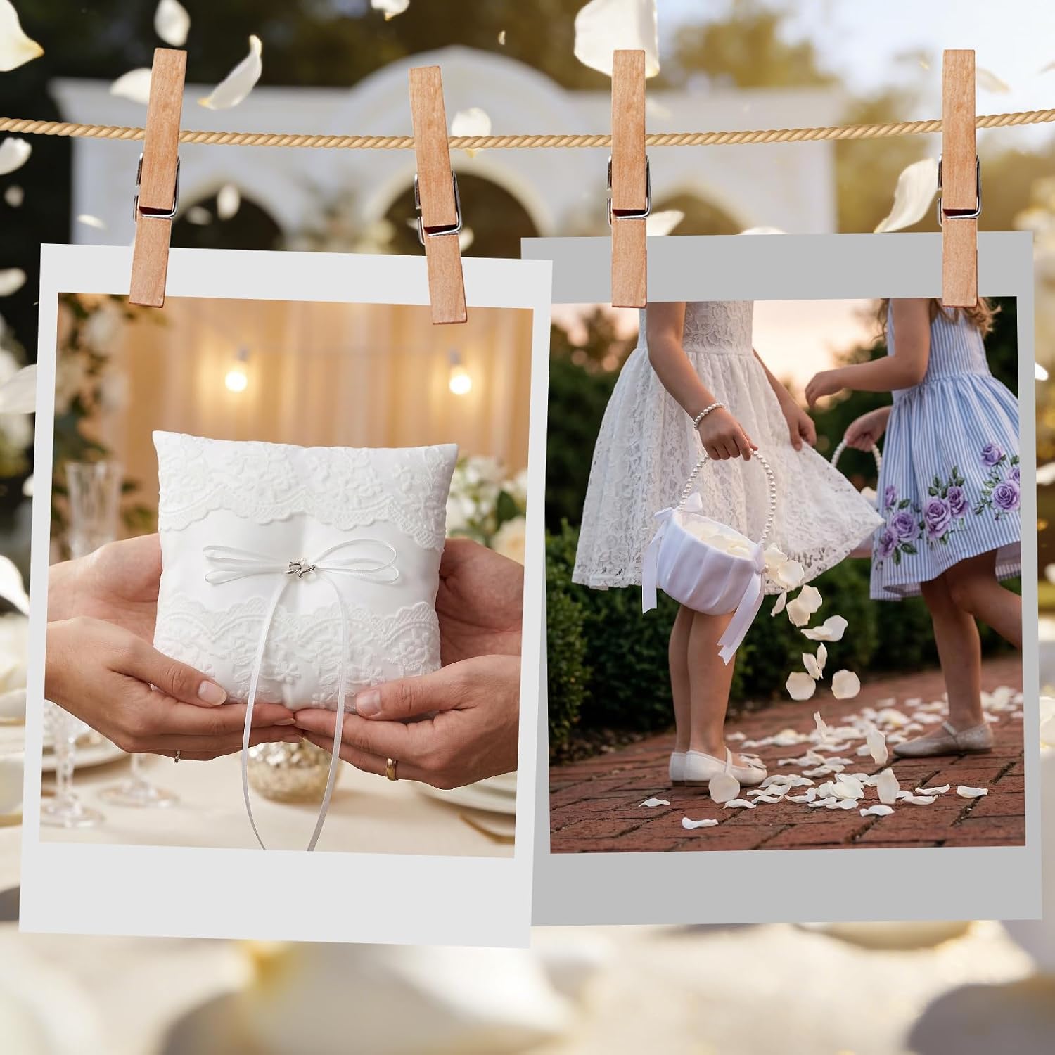 Wedding Flower Girl Basket and Ring Bearer Pillow Set 200 Ivory Rose Petal