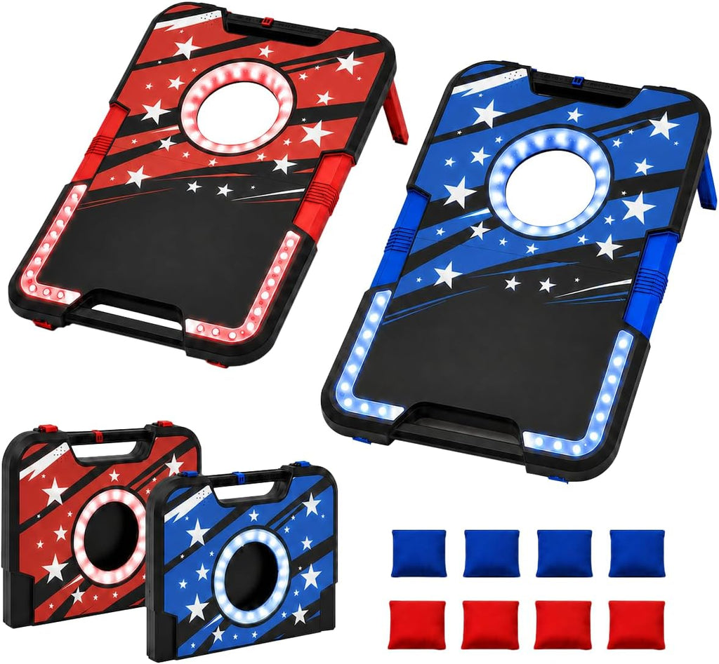 Foldable Cornhole Board Set with LED Lights, Sound Effects & Built-in Score Slider, Outdoor Bean Bag Toss Game for
