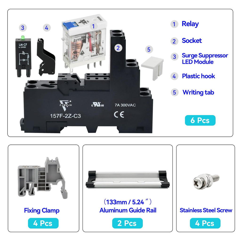 UL Listed 12A Electromagnetic Power Relay Din Rail Socket 5Pin 24 DC 6Pcs