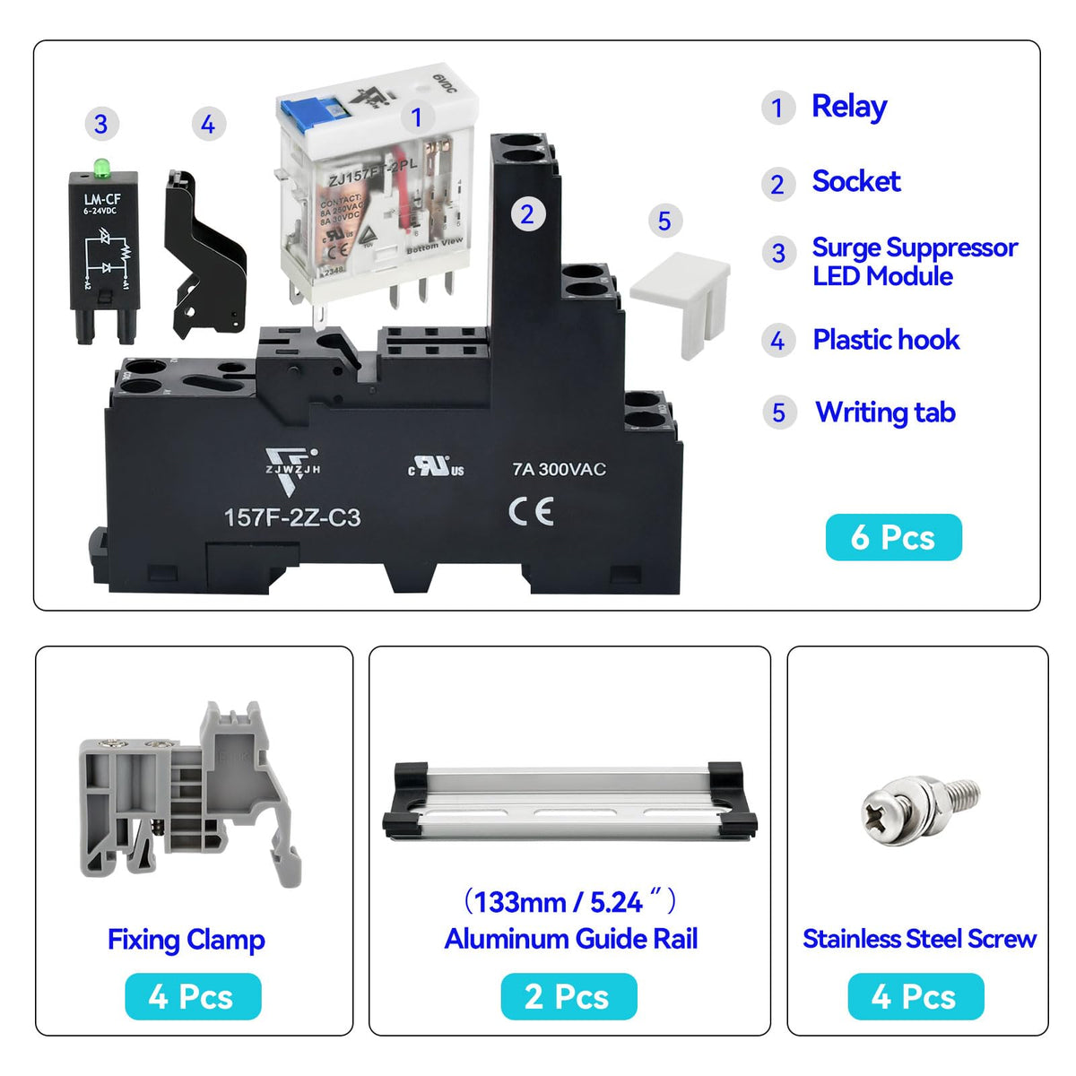 UL Listed 12A Electromagnetic Power Relay Din Rail Socket 5Pin 24 DC 6Pcs