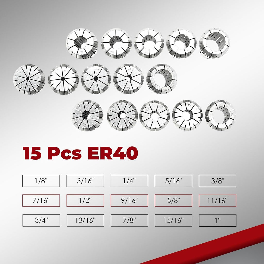 Nakkaa 15 Pcs R8 ER40 Collet Holder Kit 0.0004" Accuracy