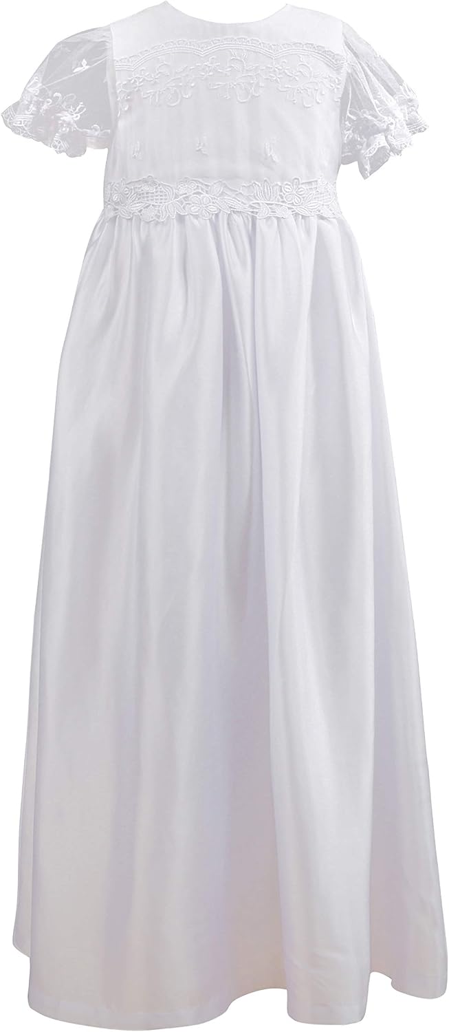 Baby Girls Baptism Christening Embroidered Gown with Headband for 0-12 Months