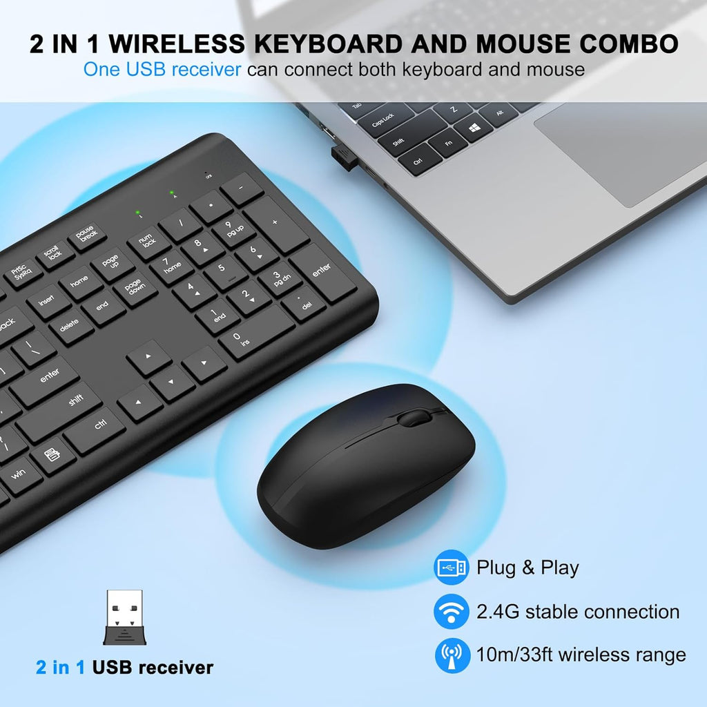 Wireless Keyboard and Mouse Combo, Full Size Silent Ergonomic Keyboard and Mouse, Long Battery Life, Optical Mouse
