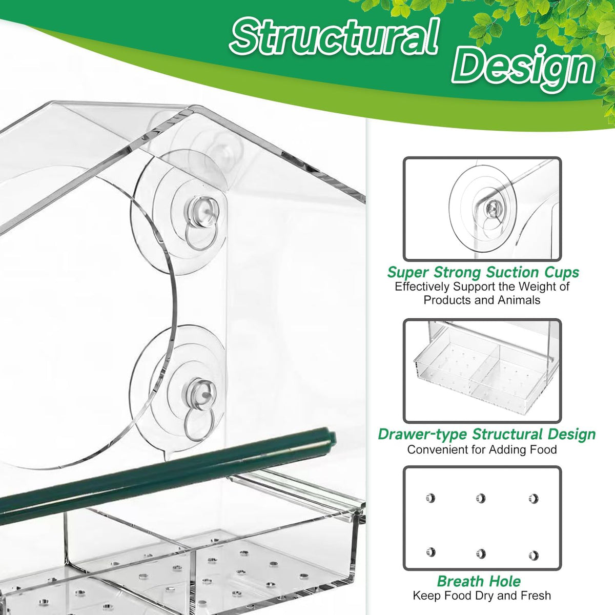 Window Bird Feeder with Strong Suction Cups (3-Piece Set). Two Seed Feeder Sizes + Hummingbird Water Station