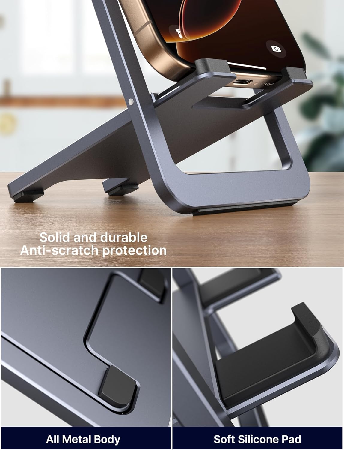Cell Phone Stand, Foldable Aluminum Adjustable Phone Holder for Desk Portable Travel Essentials Office Accessories