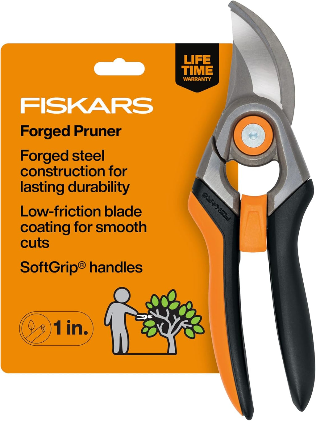 Bypass Pruning Shears, 1" Cut Capacity Gardening Scissors, Forged Steel Replaceable Blade, SoftGrip Handle Garden