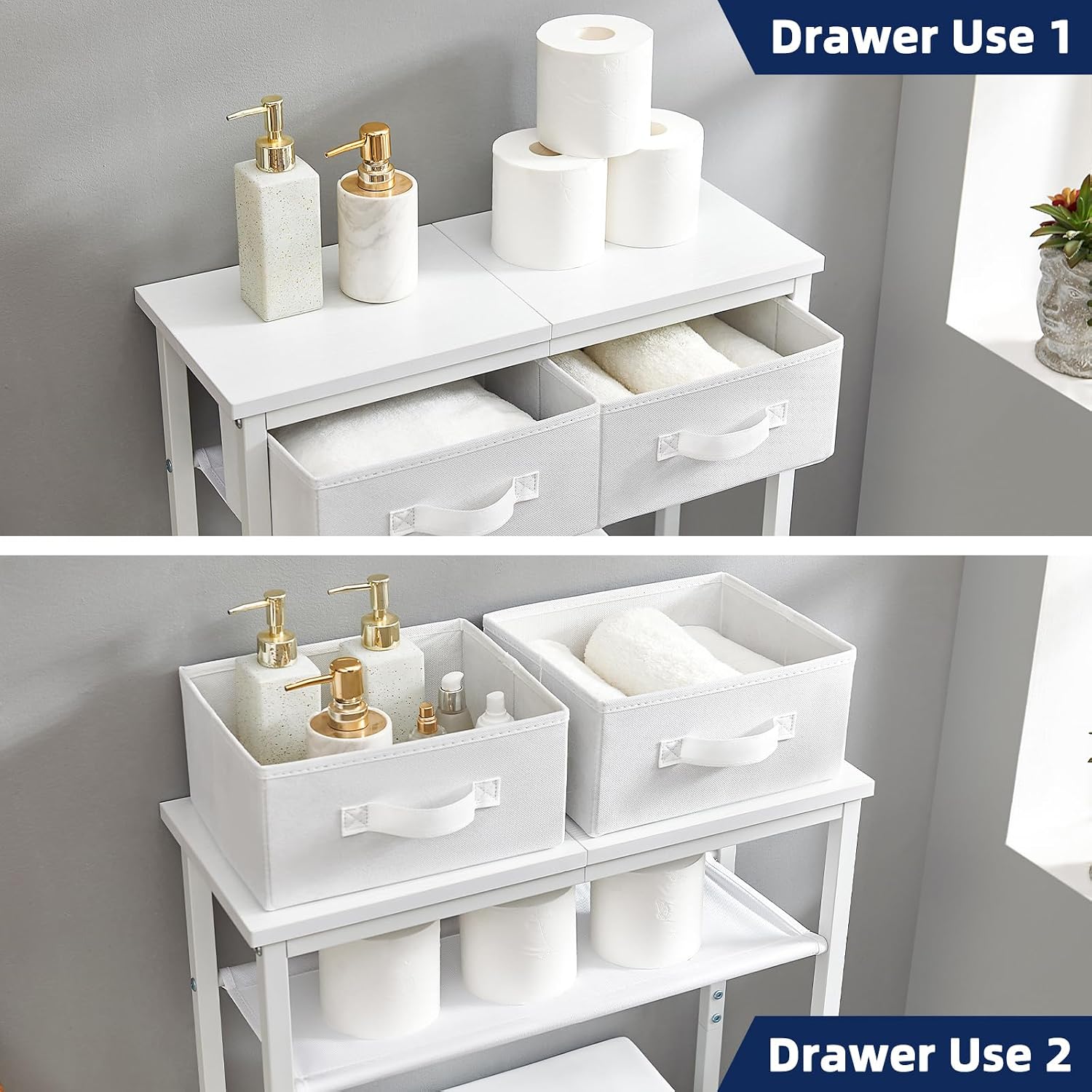 2-Tier Over The Toilet Storage with 2 Fabric Drawers, Freestanding Above The Toilet Storage Cabinet, Space Saver