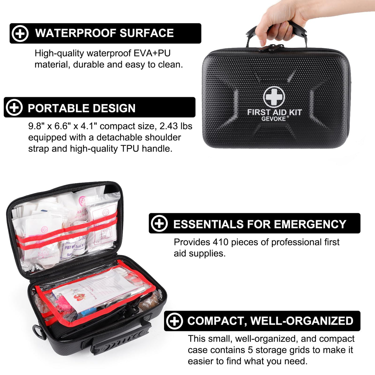 410 Piece Waterproof Hard Shell First Aid Kit, Black