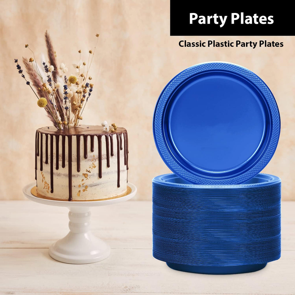 Blue Plastic Plates 9 Inch - 50 count - Plastic Solid Round Party Plates For Weddings, BBQs, Birthday Plates