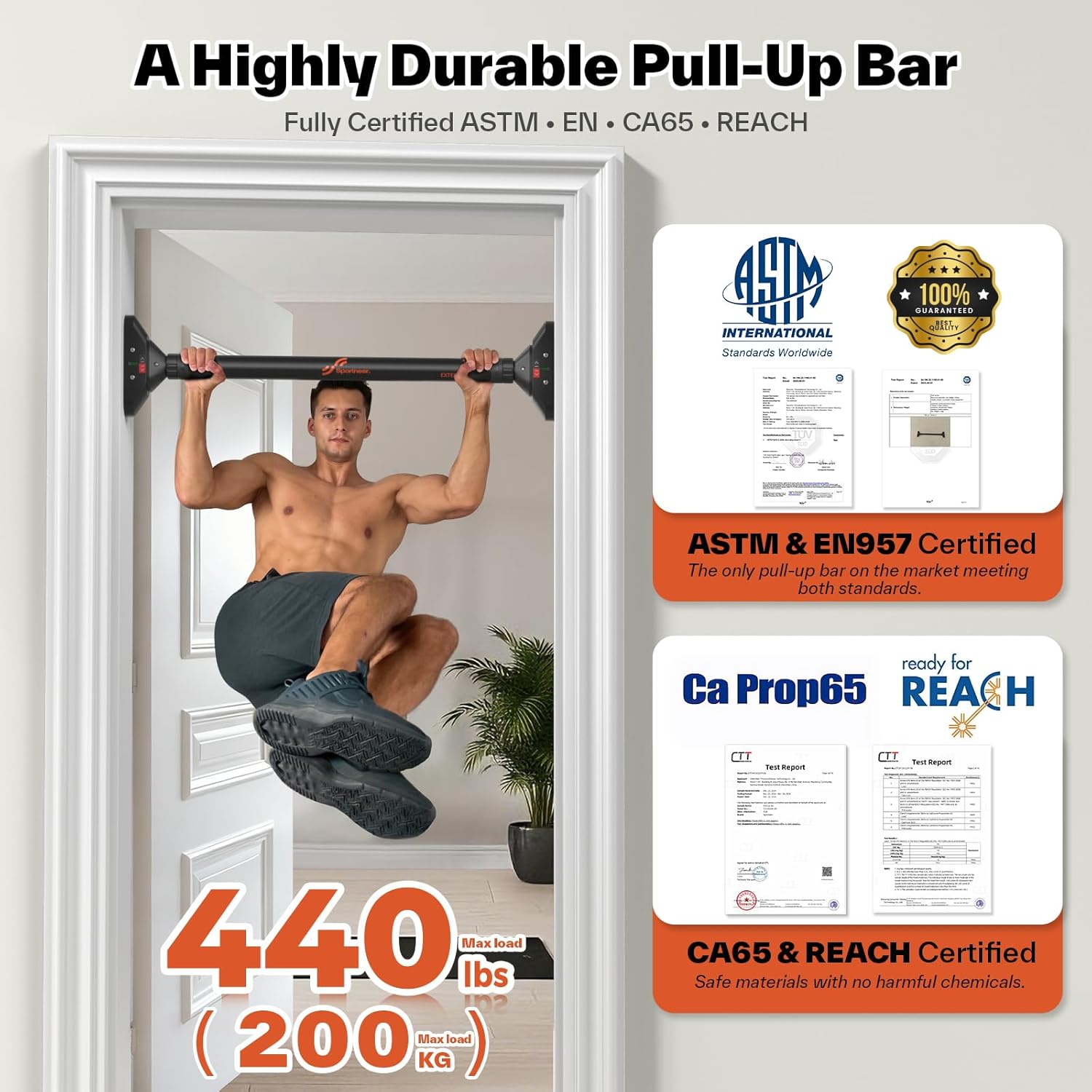 Pull Up Bar for Doorway, No-Drill, 29.5-37 in, 440 lb | No-Drill, Adjustable 29.5-37 in, 440 lb, Doorway Fit, Secure