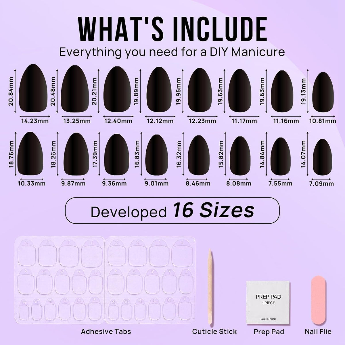 Press on Nails, Short Almond Black Fake Nails, 32Pcs Full Kit