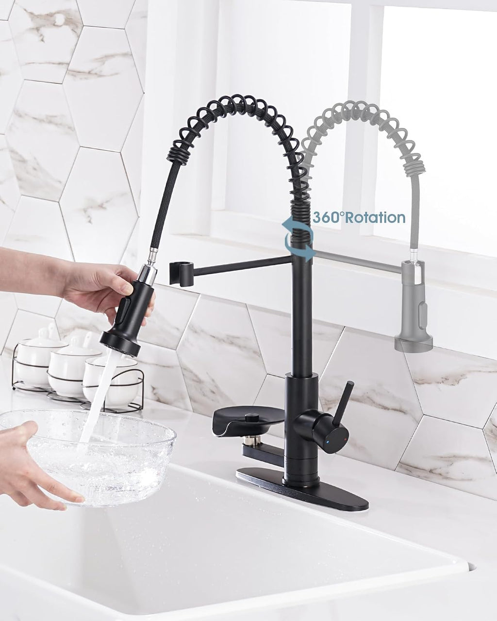 Kitchen Sink Fuacet with Glass Rinser, Single Handle Kitchen Faucet with Pull Down Sparyer, 304 Stainless Steel, Deck