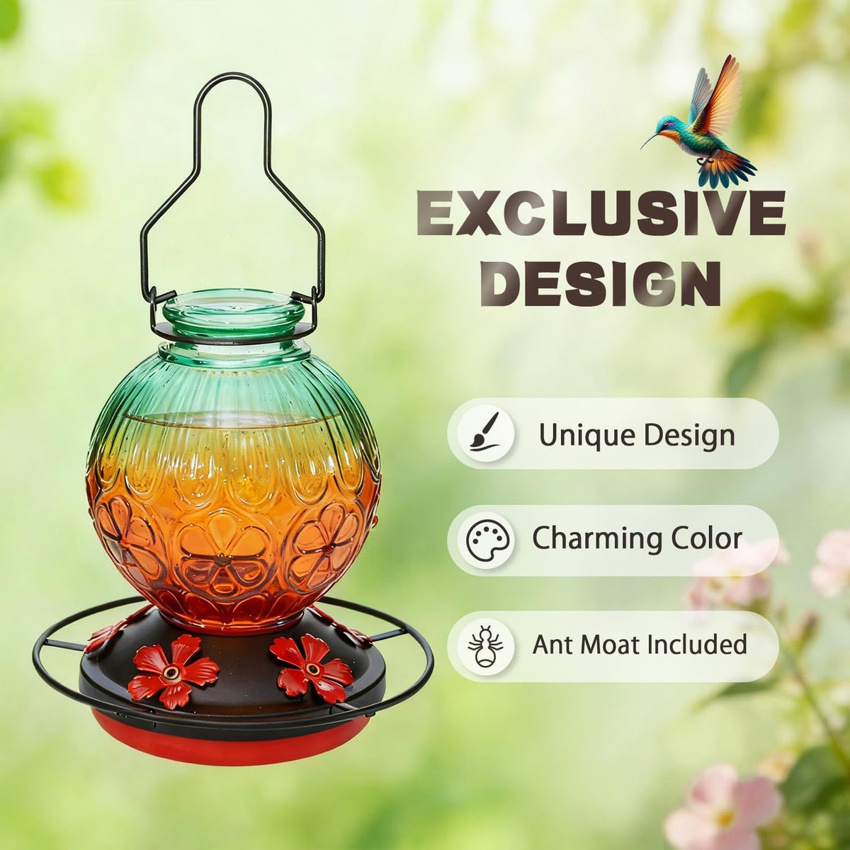 Glass Hummingbird Feeders for Outdoors Hanging, 23Oz Humming Bird Nectar Feeders with Perch, 5 Flower Feeding Ports