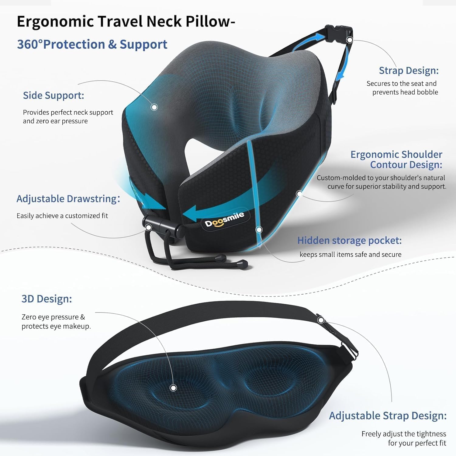 Patented Head-Bobble-preventing Ergonomic 360° Supporting Golden Formula Memory Foam Travel Neck Pillow w/3D