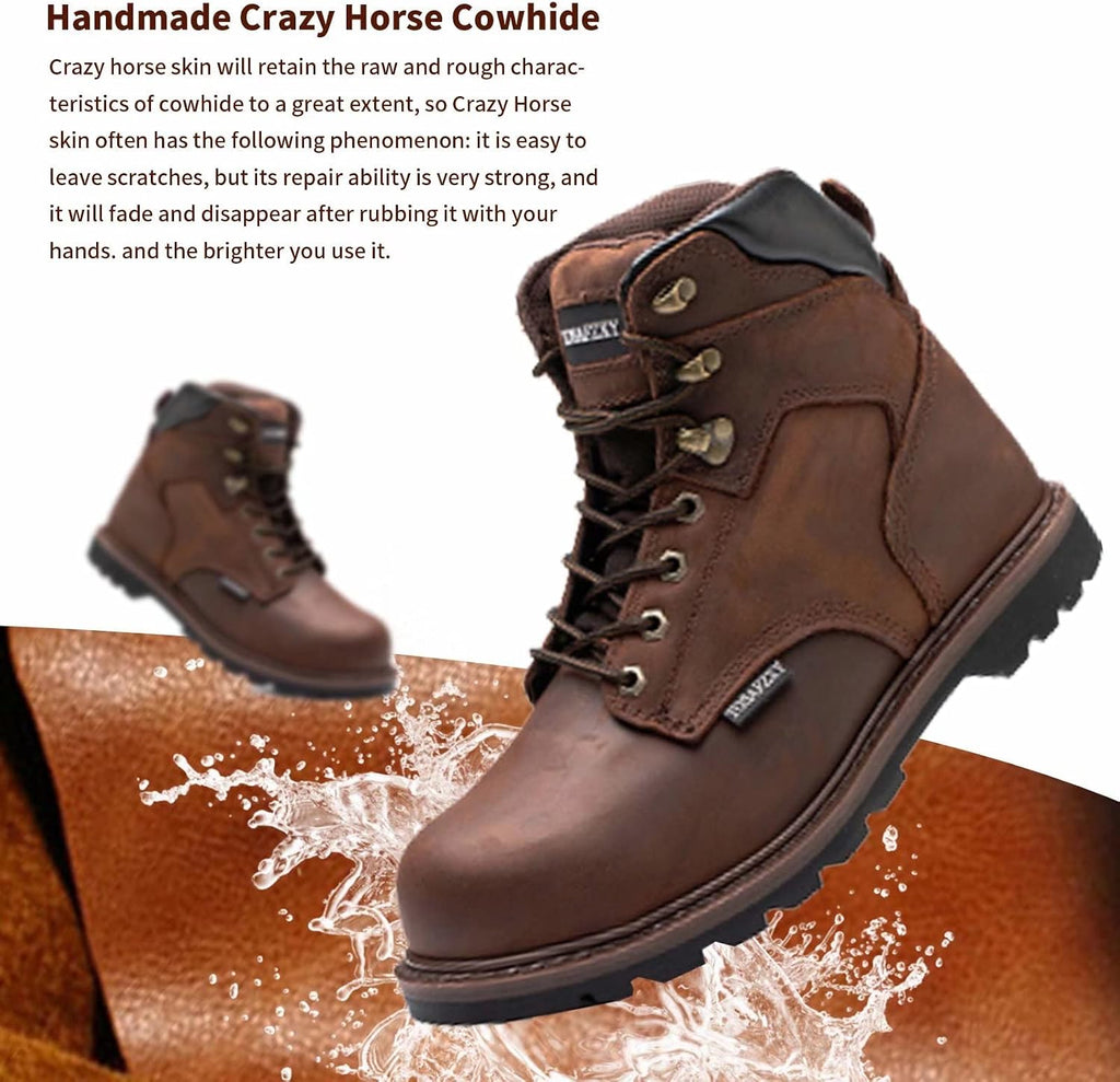 Work Safety Boots for Men Durable Crazy-Horse Leather Indestructible Steel Toe Waterproof and Non-Slip Better Warmth