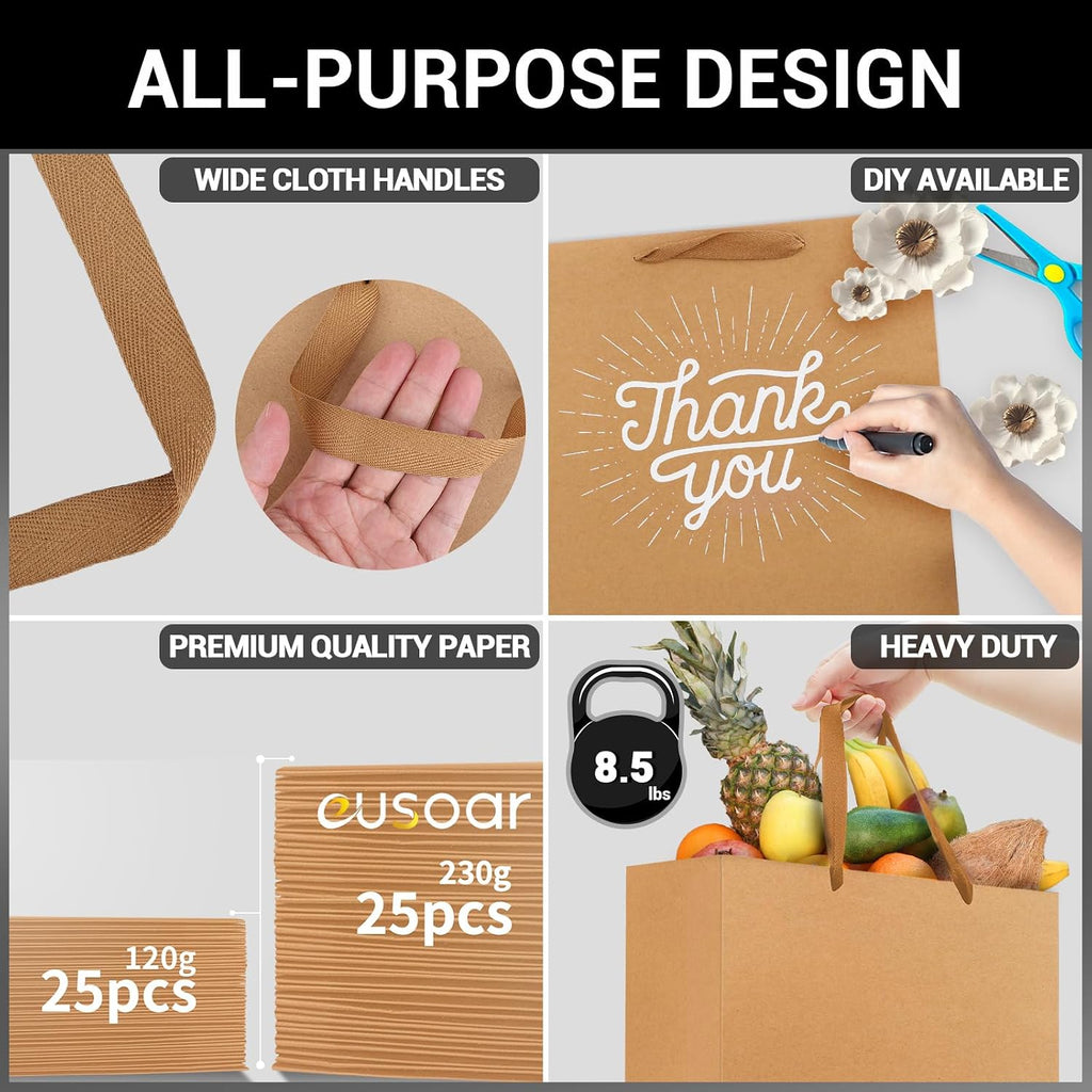 Kraft Paper Gift Bags, 25pcs Small 10.6"x3.1"x8.3" Brown Sturdy Heavy Duty Shopping Bags with Handle Bulk, Retail