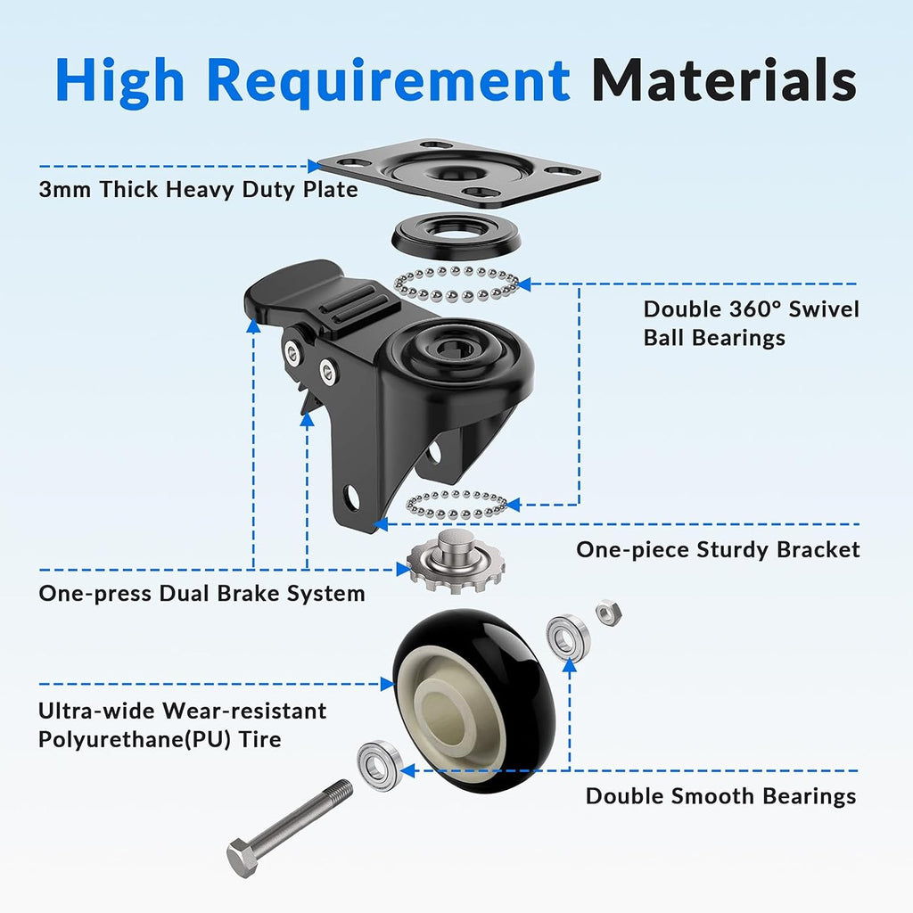 4 Inch Caster Wheels Set of 4, Heavy Duty Swivel Rolling with Brake | Large Industrial Plate Casters, 2200lbs Load