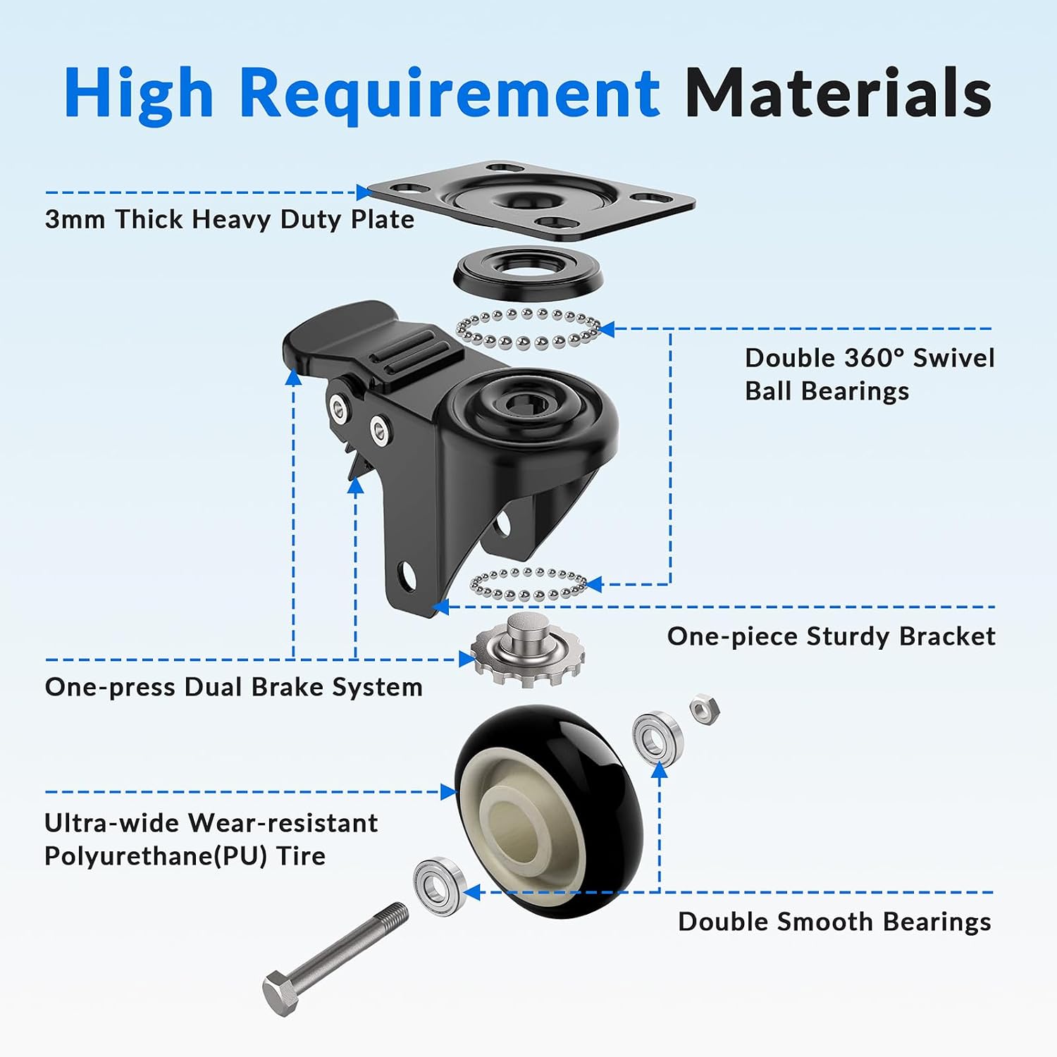4 Inch Caster Wheels Set of 4, Heavy Duty Swivel Rolling with Brake | Large Industrial Plate Casters, 2200lbs Load