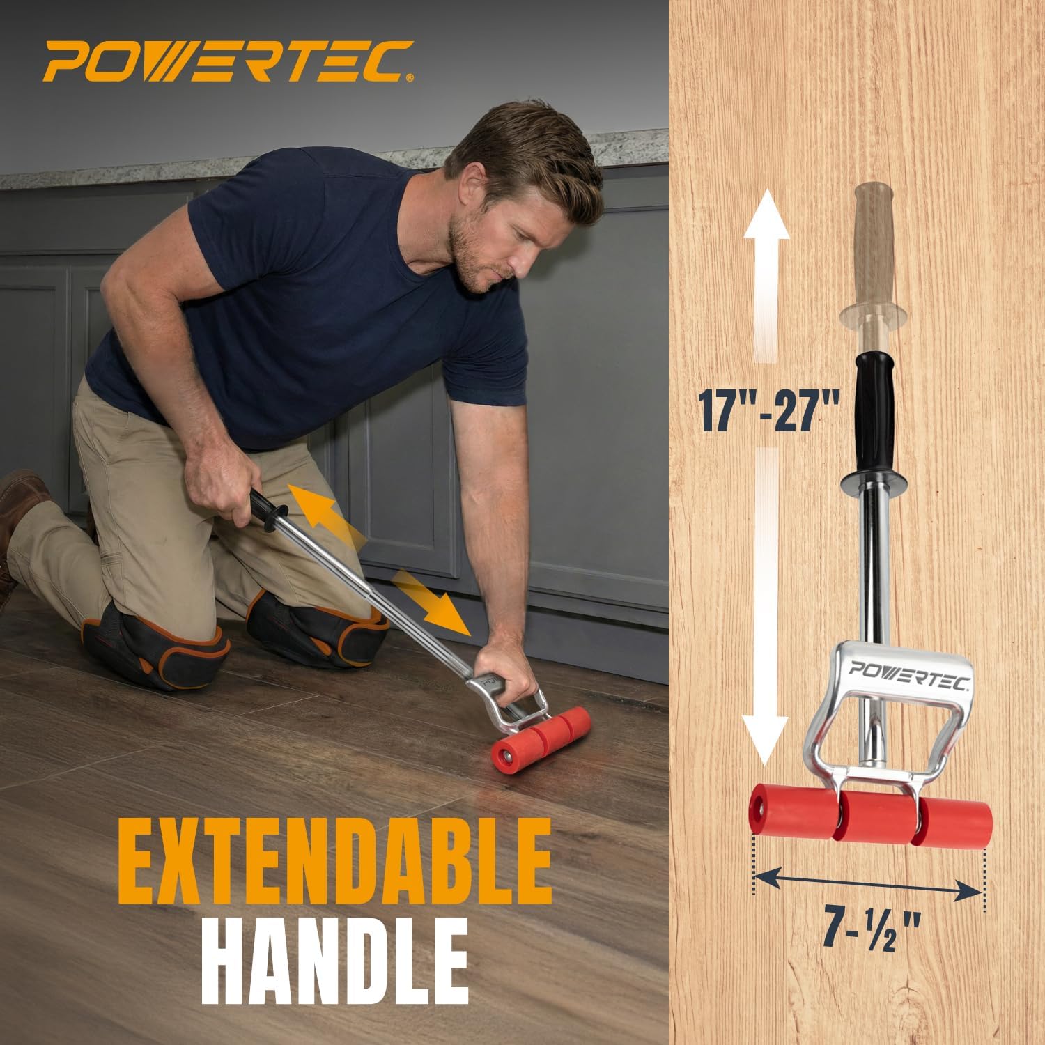 Extendable Floor and Wall Roller for Vinyl Flooring, Tile & Linoleum Roller with Extendable 17" to 27" Handle, 7.5"