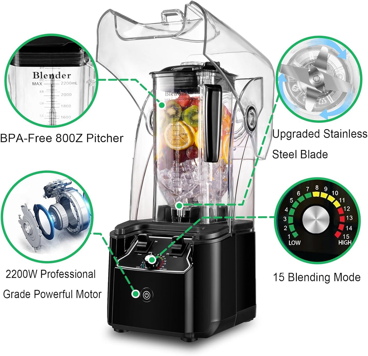 Commercial Blender for Smoothies, 80 oz Container with 15-Speed Settings