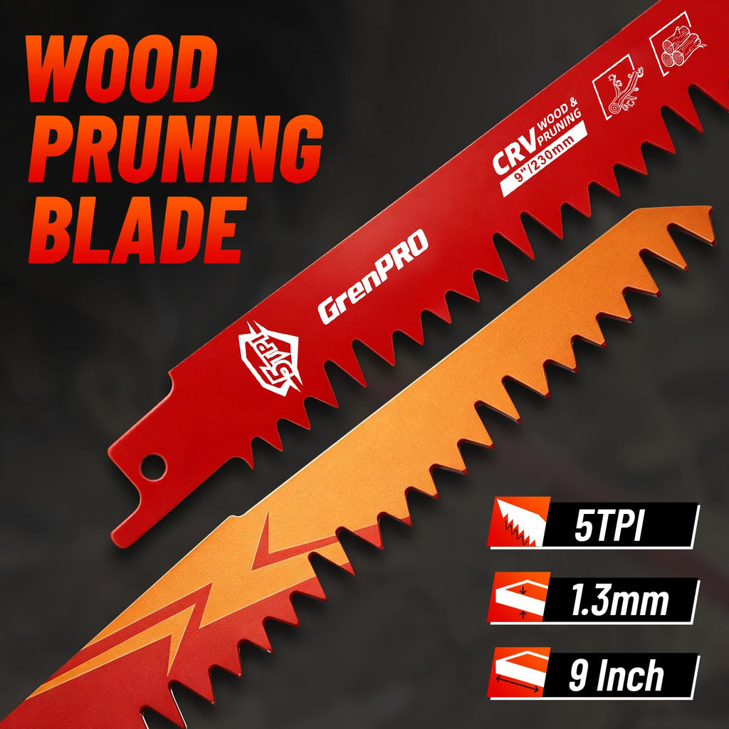 GRENPRO 5 TPI Wood Cutting Reciprocating Saw Blades, 9" Pruning Blades