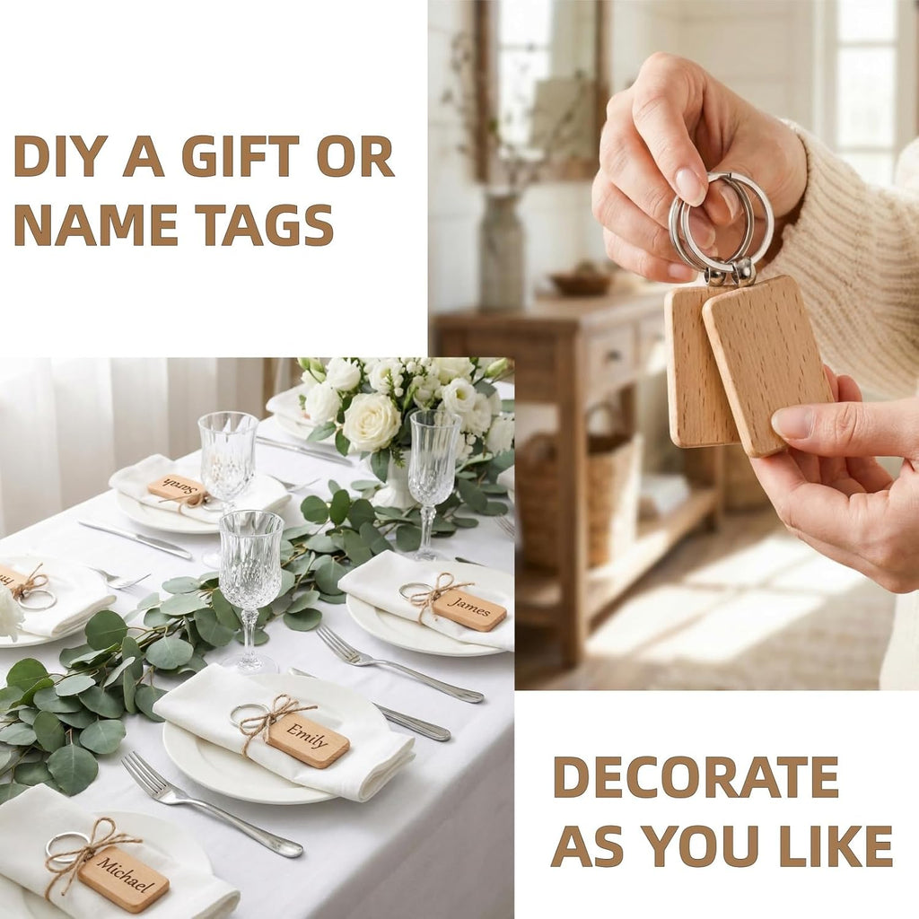 50 Pieces Wood Keychain Blank, Rectangular | Unfinished Laser Engraving Blanks with Key Rings, Keychain Ring Tag Wood