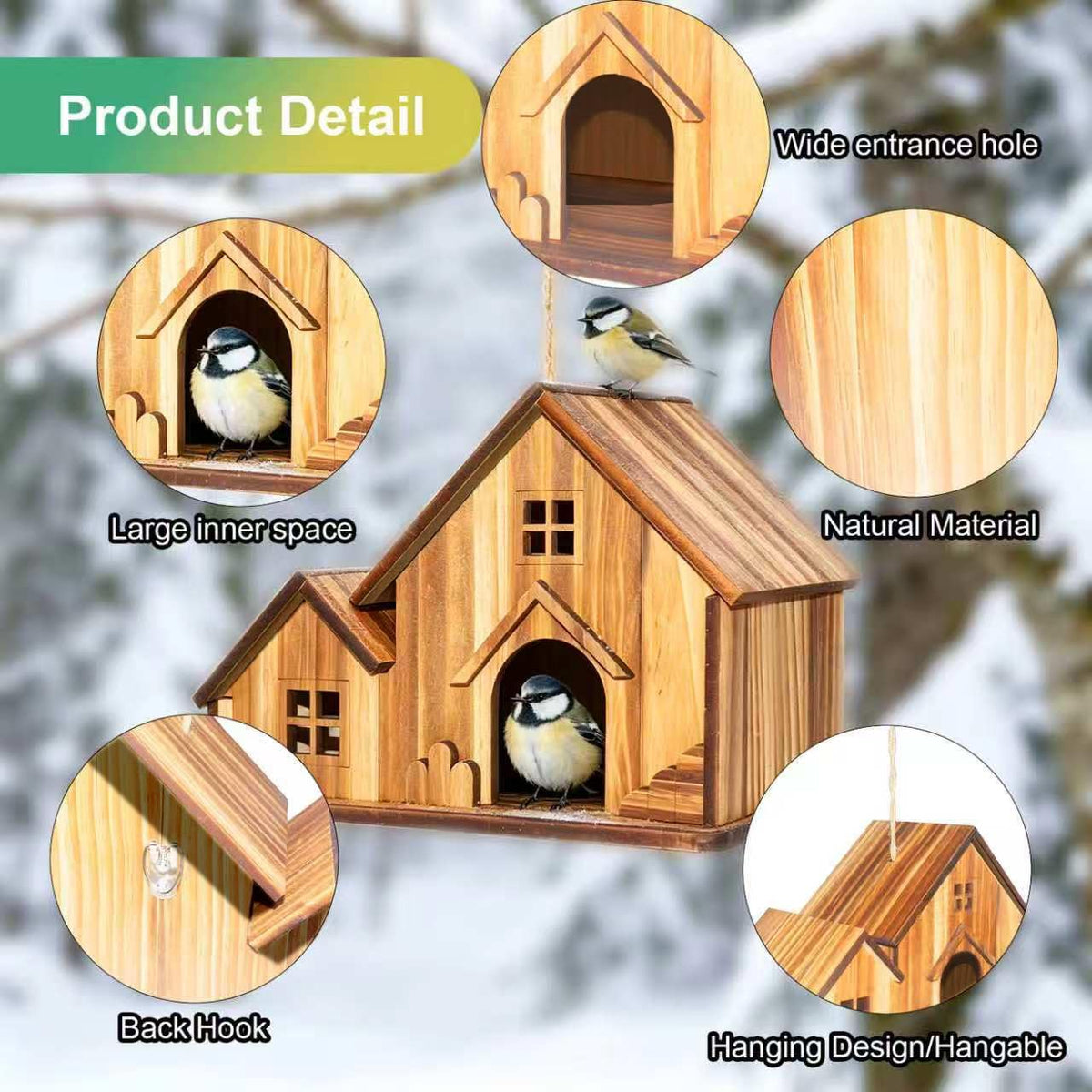 Bird Houses for Outside, Wooden Hanging Birdhouse with Spacious Space, Outdoor Bird Nest for Bluebirds, Finches