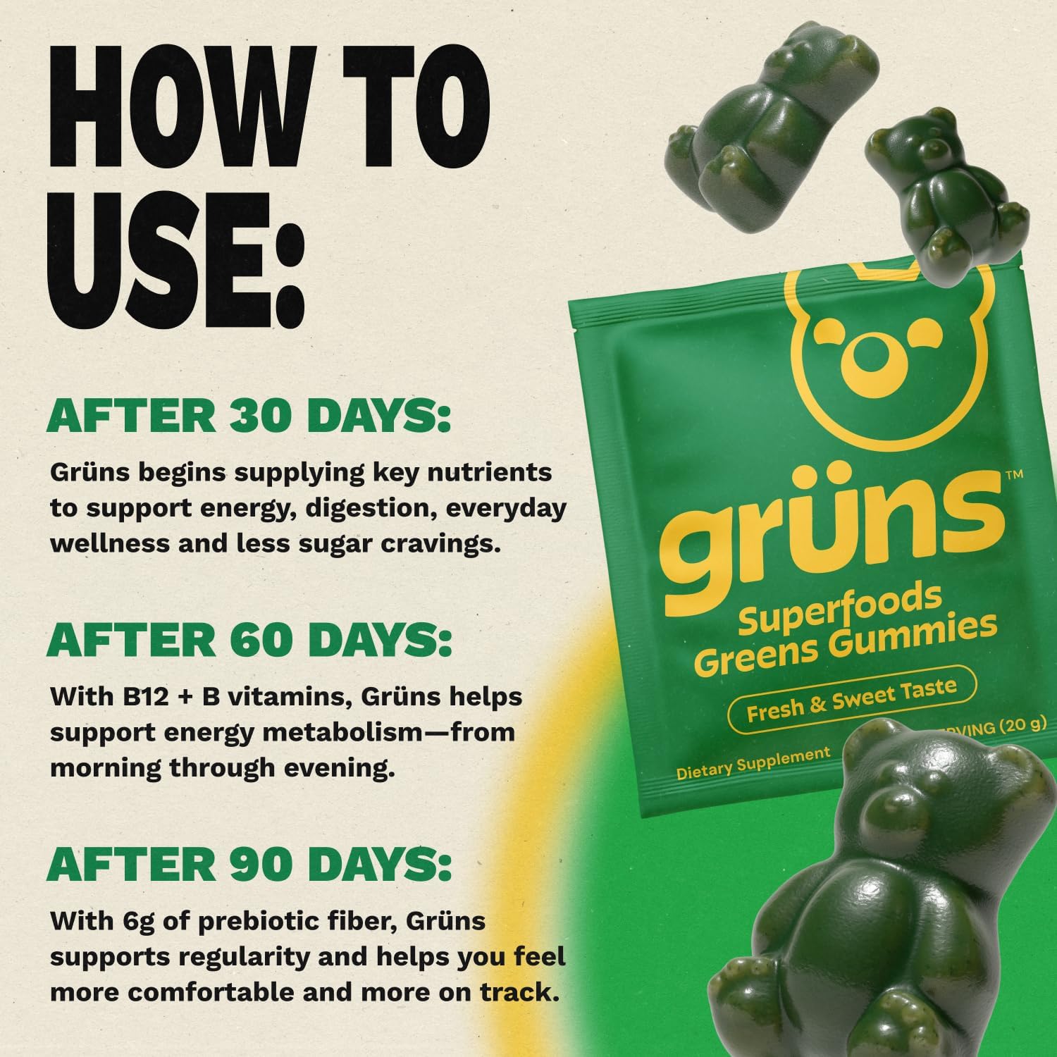 Gruns Adult Super Greens Multivitamin Gummies, Superfood Gummy Vitamins for Women and Men with Spirulina, Chlorella
