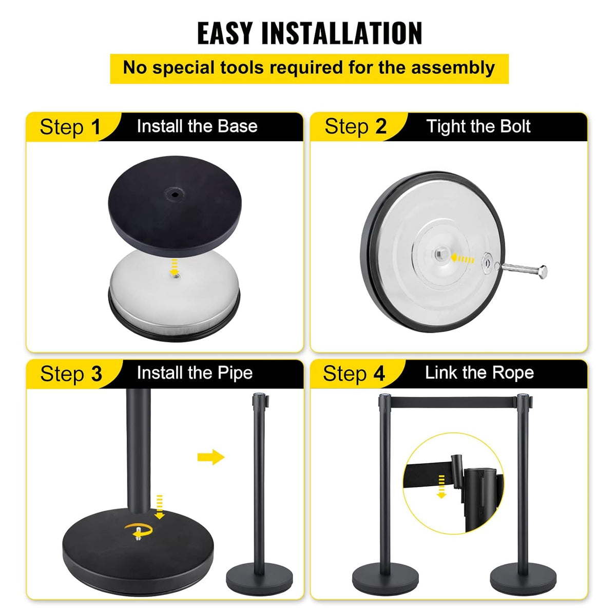 Crowd Control Stanchion Set, Stanchion Set with 6.6 ft/2 m Black Retractable Belt, Black Crowd Control Barrier