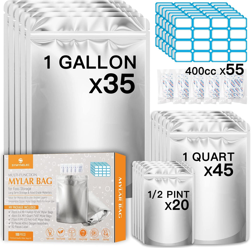 100-Pack Mylar Bags with 400cc Oxygen Absorbers for Food Storage | 11.8 Mil Heavy Duty, 3 Sizes (1 Gallon, 1 Quart
