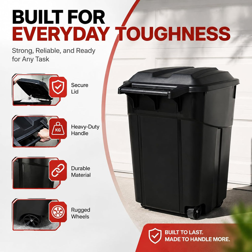 32 Gallon Outdoor Trash Can with Lid - Heavy Duty Garbage Bins with 2 Rugged Wheels,Wheeled Heavy Duty Plastic