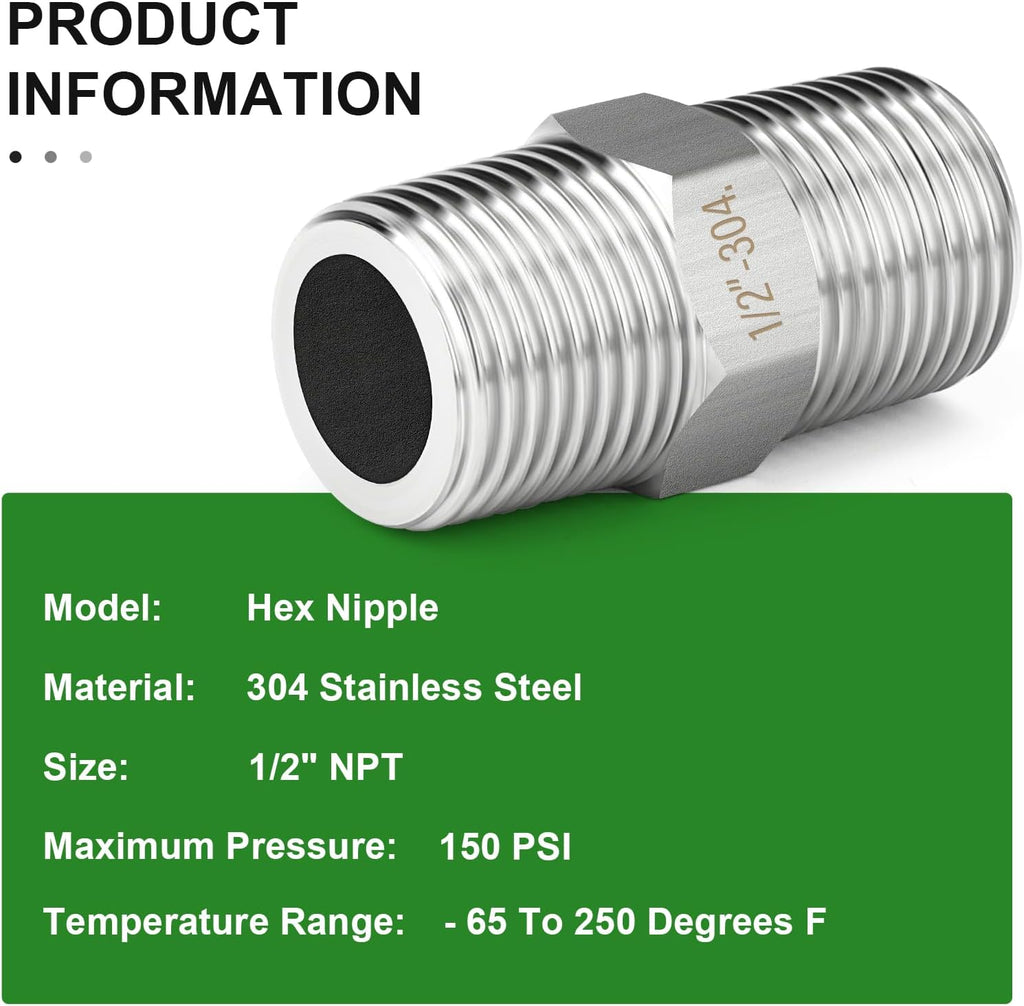 TAISHER 10PCS 304 SS New Hex Nipple,1/2" NPT Male, Pipe Adapter Fitting