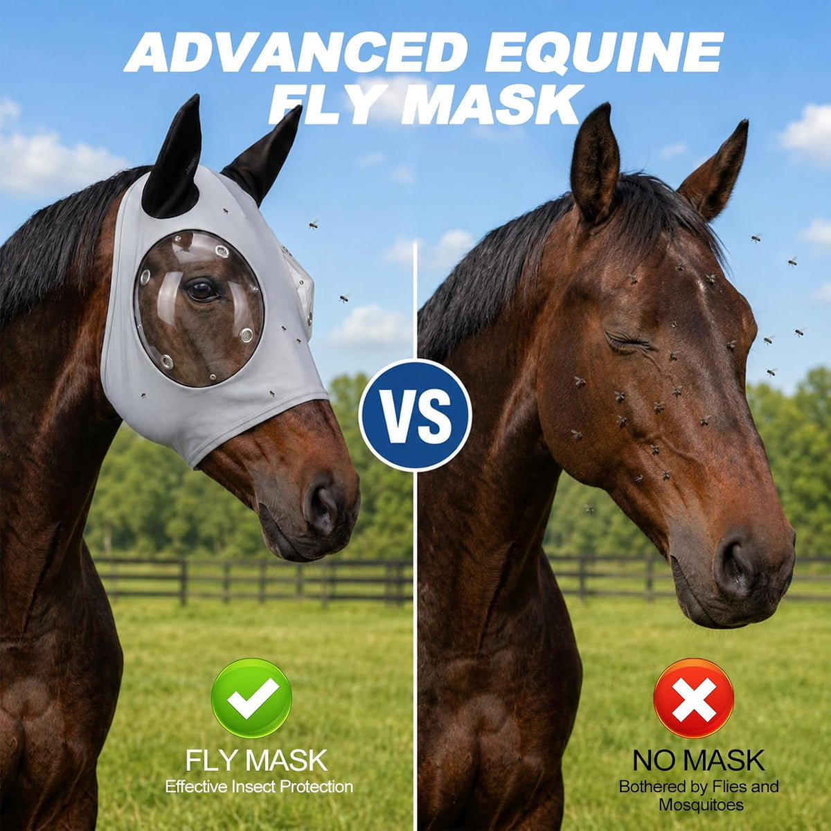 Horse Fly Mask with Ears - Ice Silk Cooling Fabric for Summer, Upgraded Anti-Fog & UV Blocking Ski-Grade Eye Mesh