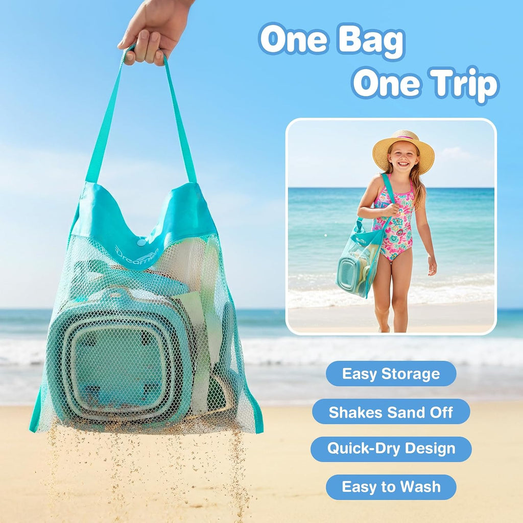 Beach Toys, 3 Pack Collapsible Sand Buckets for Kids, Shovels & Rakes Set with Mesh Bag, Kids Beach Essentials