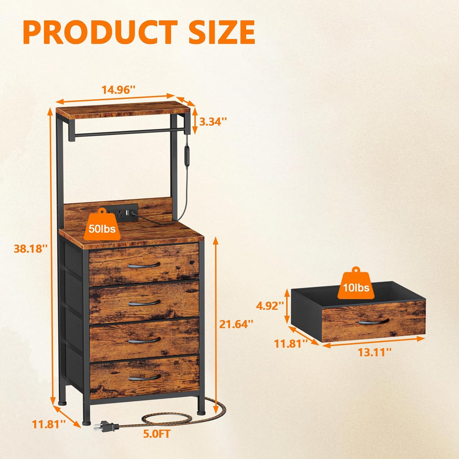 Night Stand Set 2, 38" Tall Bedside Table with Charging Station | RGB LED Lights, Storage Wood Shelves & 4 Fabric