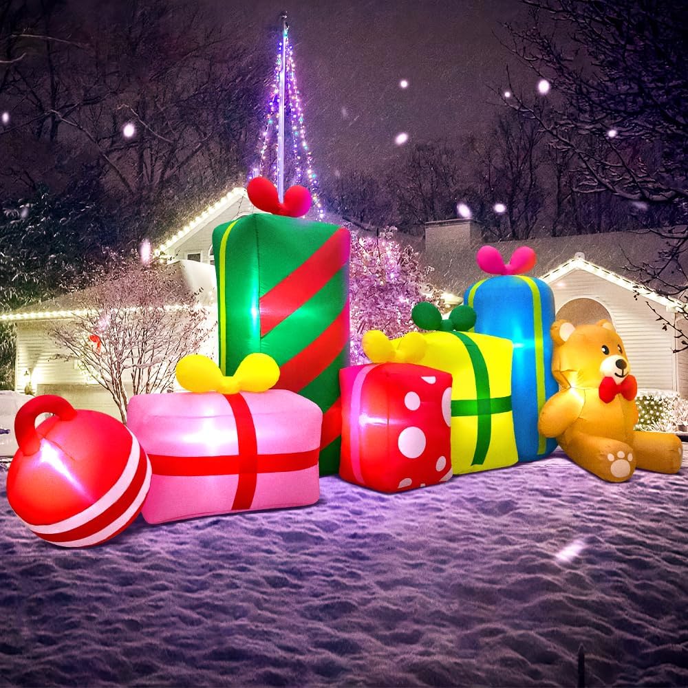 10FT Giant Christmas Inflatables Outdoor Decorations Gift Boxes and Bear,Blow up Yard Decorations with LED Light for
