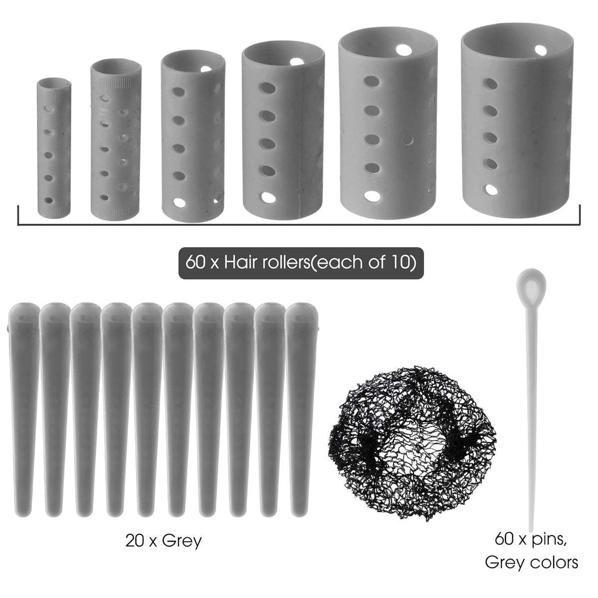 141 Pcs Plastic Hair Rollers Set with Clips and Pins,Grey | No Heat Curlers for Sleeping, Bulk Styling Set Includes