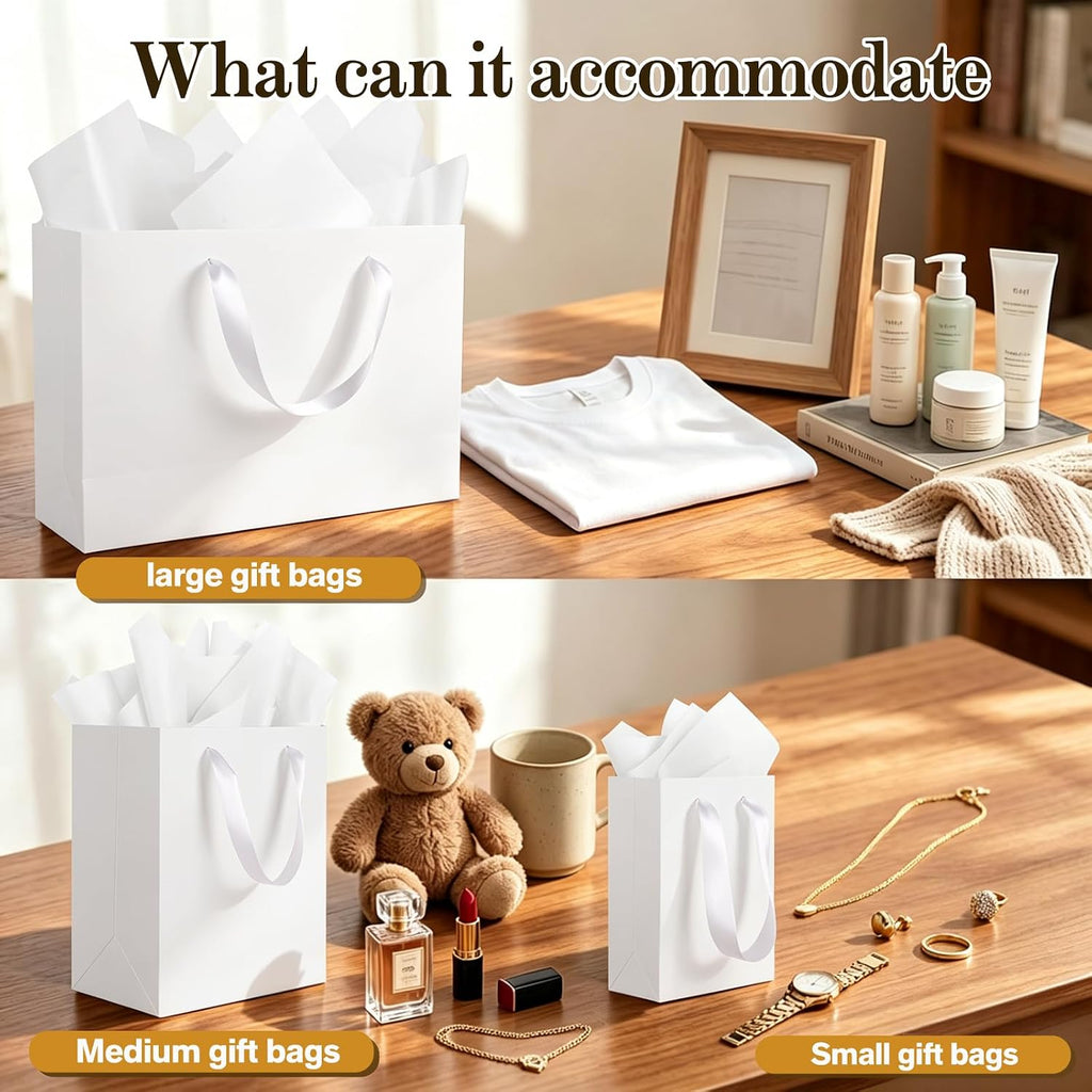 6 Pack White Gift Bags with Handles and 12 Tissue Papers