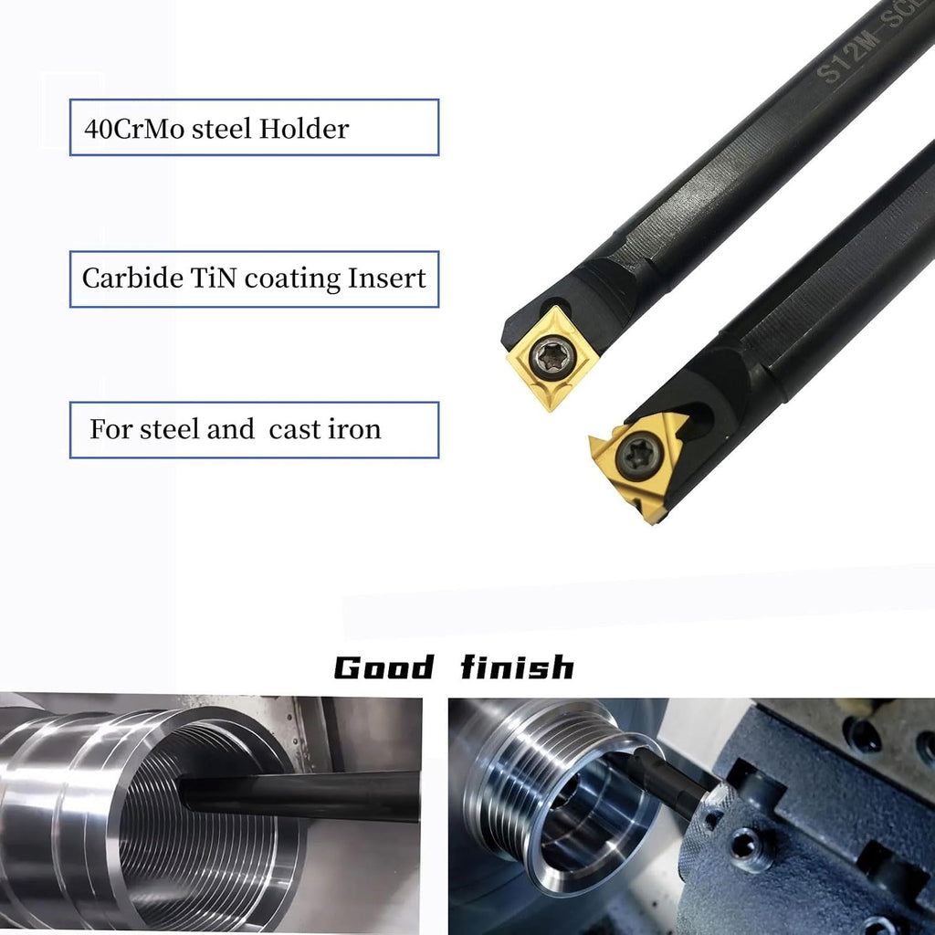 12pcs 1/2in Shank Indexable Boring Bars Turning Tool Holder S12M-SCLCR09 SNL0013M16 with Indexable Carbide Turning Insert CCMT32.51 and Threading Inserts 16ER AG60