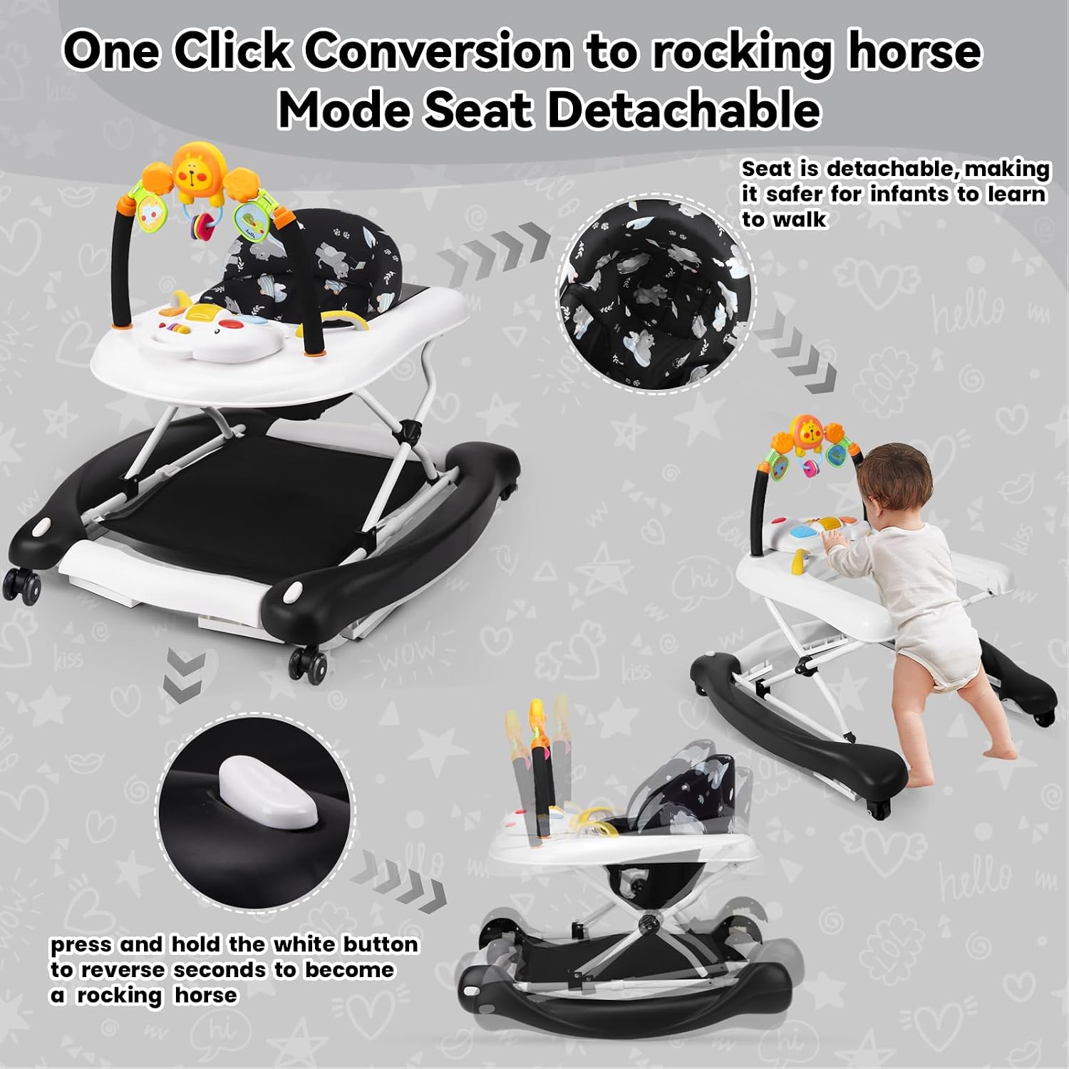 5 in 1 Foldable Baby Walker for Boys Girls Infant 6-12 Months | Walkers for Babies with Bouncer, Rocker, Feeding