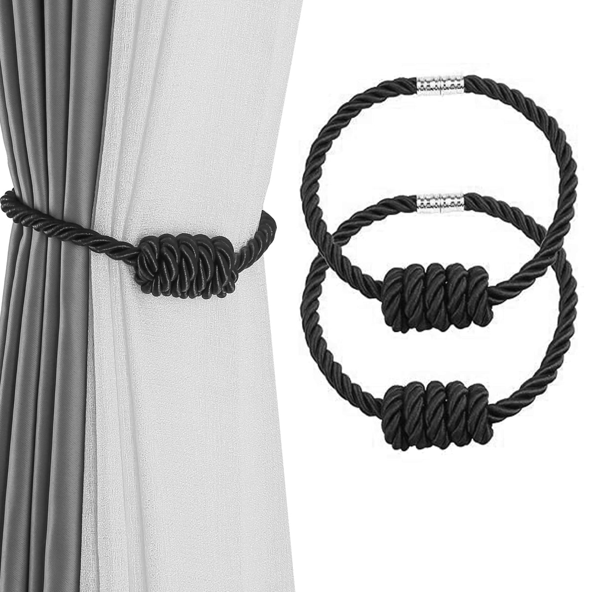 Magnetic Curtain Tiebacks-Handmade Woven Tie-Backs(Black,2P)