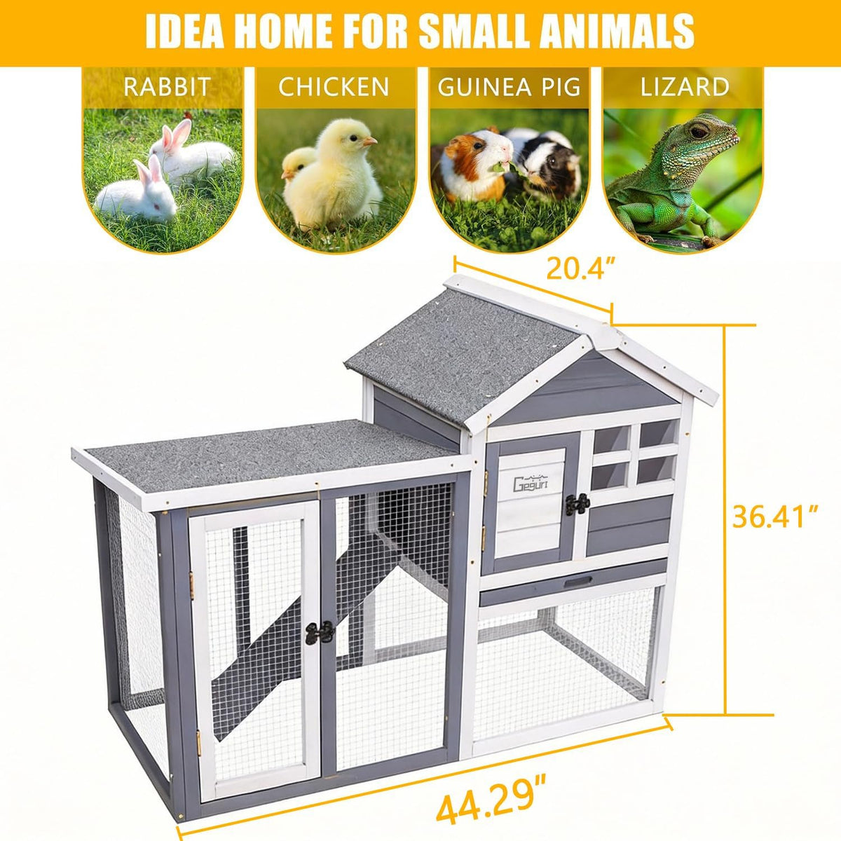 Wooden Rabbit Hutch, Indoor Outdoor Chicken Coop Bunny Cage with Waterproof Roof