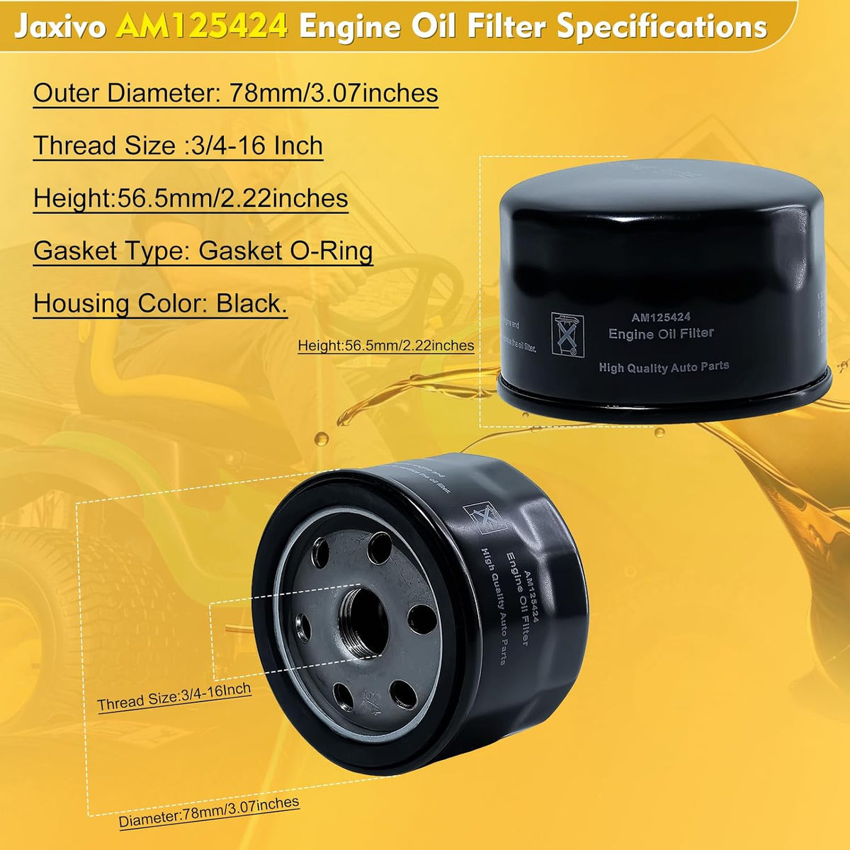 AM125424 Engine Oil Filter Compatible with John Deere 125,135,L110,LA115,D140, E110,X350,X590,S240,LX255,Z225,Z335E,Z425,Z655,D110,D120,Replace AM119567 GY20577 492932S,1PC
